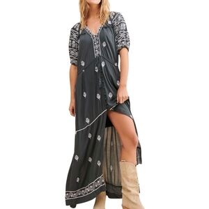 Free People Rile Dress Boho Embroidered Pocket Maxi Sz S Grey Casual Oversized